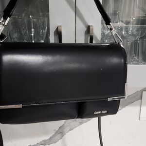 Calvin Klein Black Leather Shoulder Bag with Silver Accents